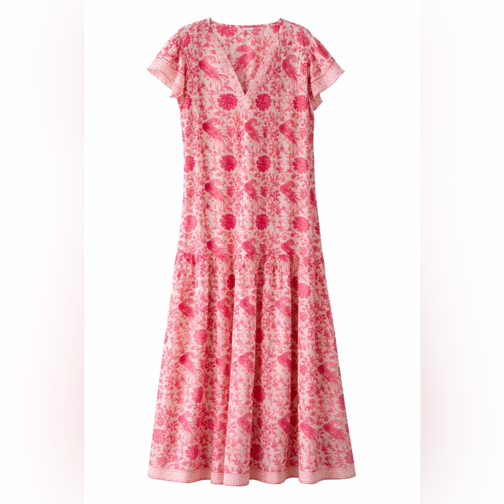 La Plage Pink Bird Floral Maxi Dress Boho V-Neck Resort XS